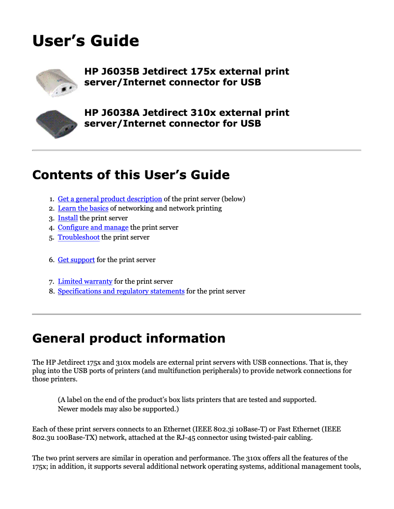 First page image of the manual for Jetdirect 175x