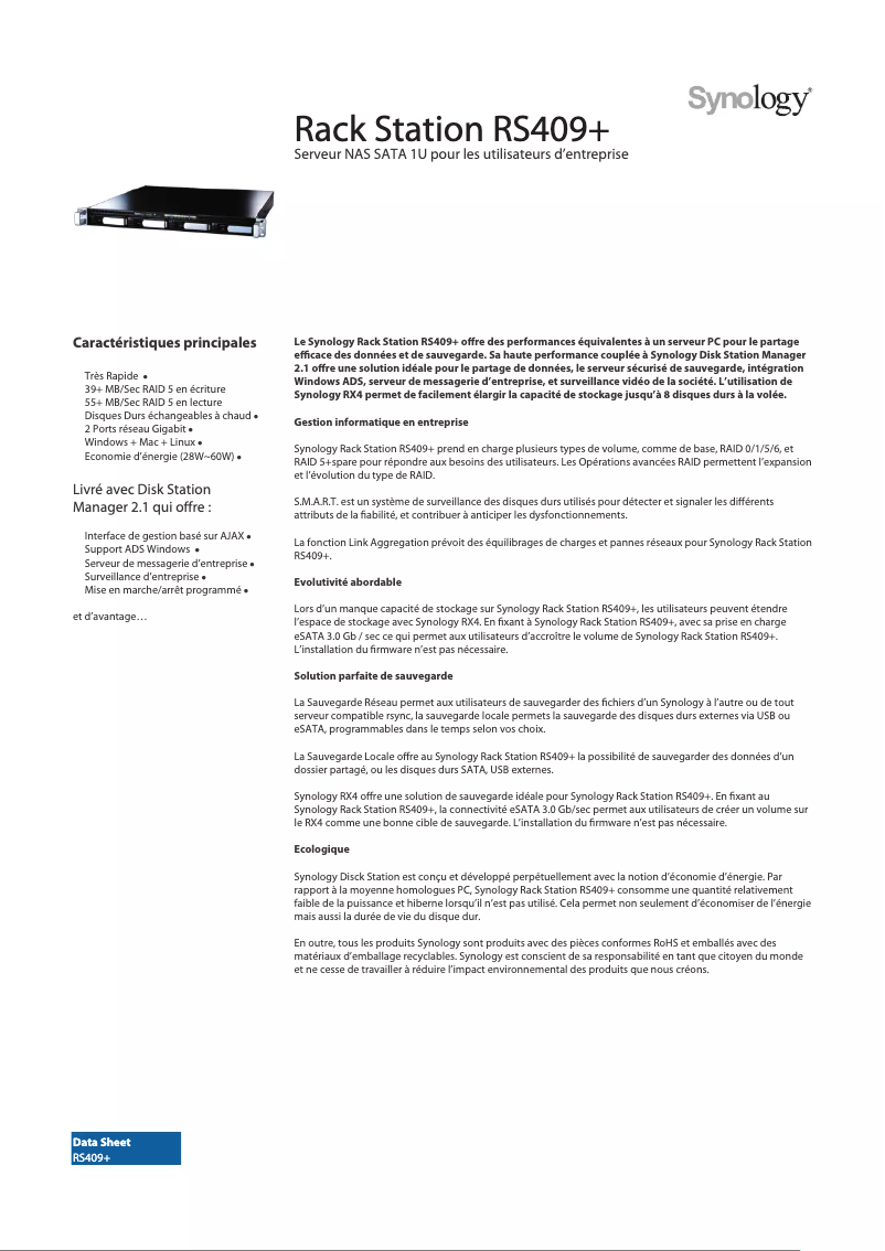 Page 1 of the manual Technical Sheet Synology RackStation RS409+