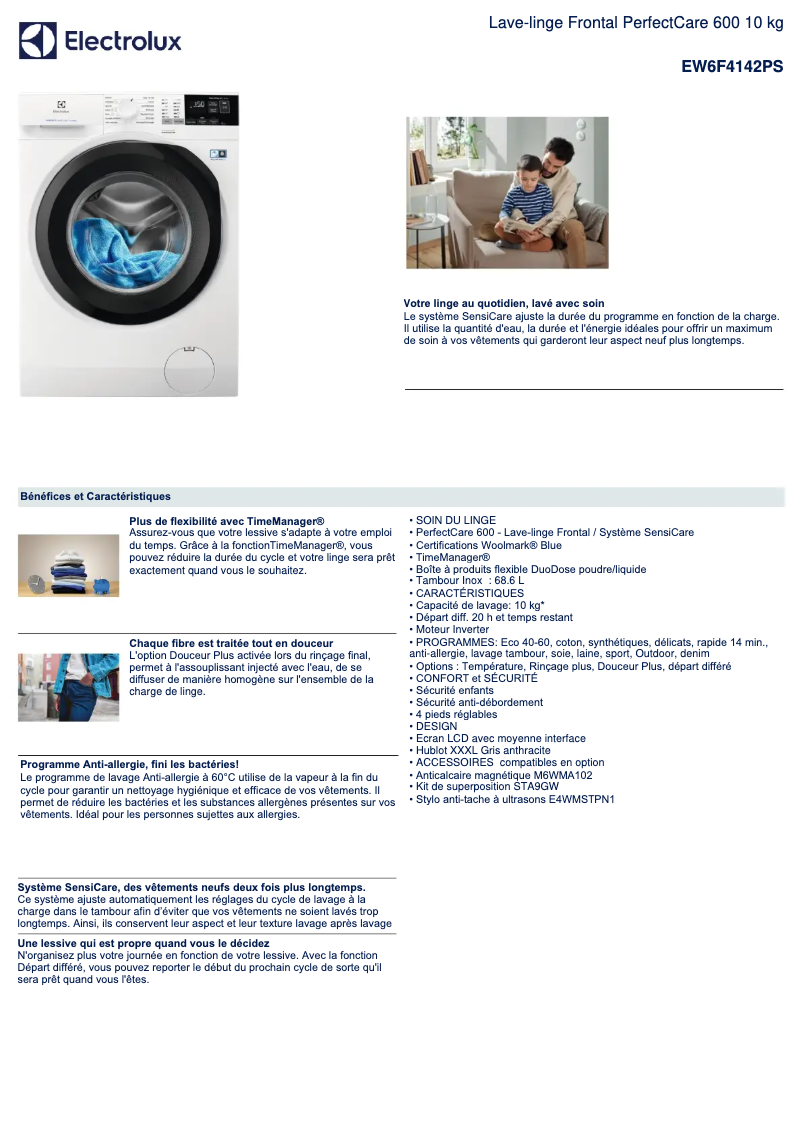Page 1 of the manual Technical Sheet Electrolux EW6F4142PS