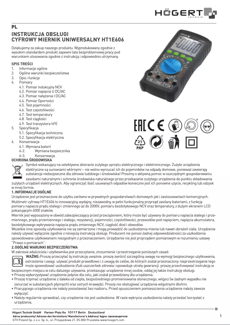 Page 1 of the manual User Manual Högert HT1E606