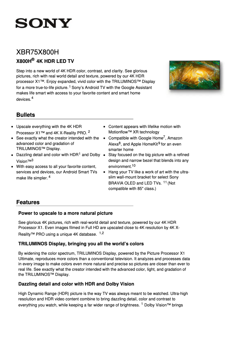 First page image of the manual for XBR75X800H