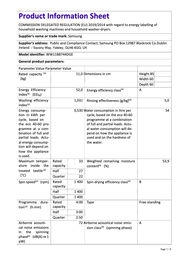 Page 1 of the manual Technical Sheet Samsung WW11BB744DGE