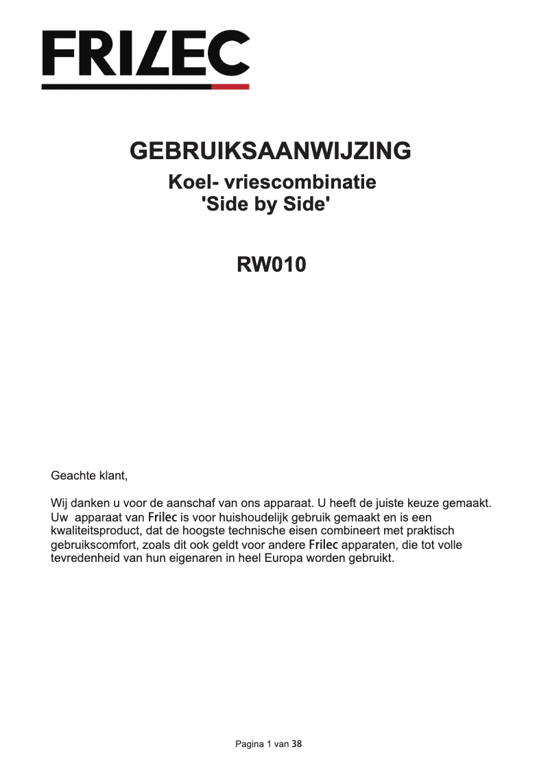 Page 1 of the manual User Manual Frilec RW010
