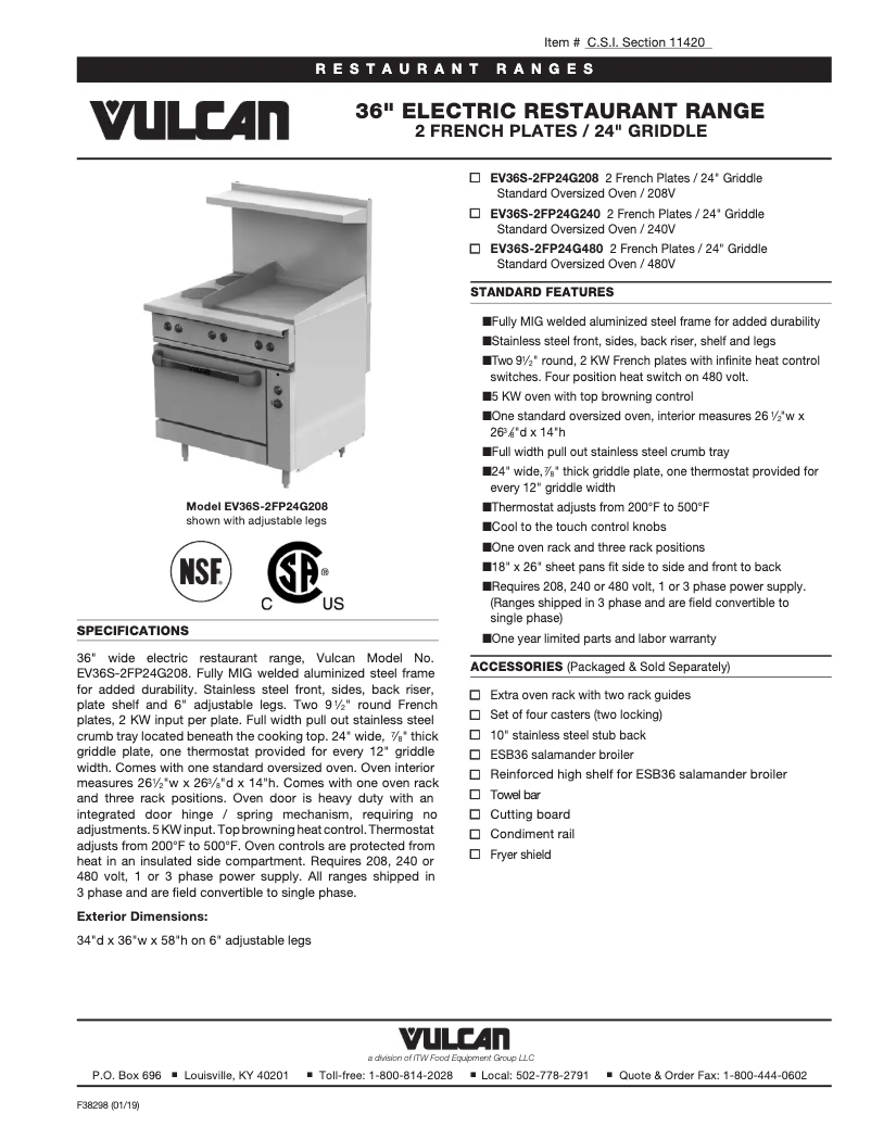 Page 1 of the manual Technical Sheet Vulcan EV36S-2FP24G