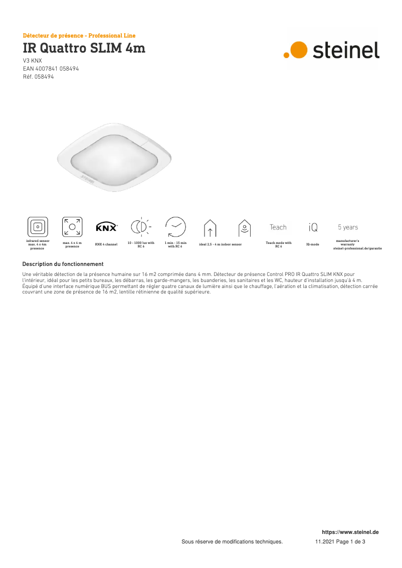 Page 1 of the manual Technical Sheet Steinel IR Quattro SLIM