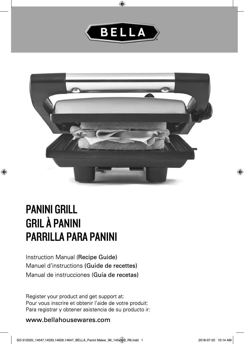 Page 1 of the manual User Manual Bella 8.5" x 9.5" Panini Grill