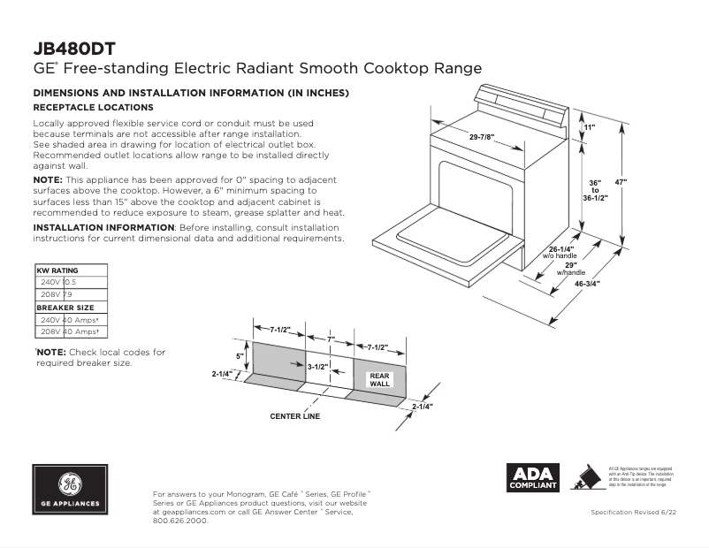 Page 1 of the manual Technical Sheet GE JB480DTBB