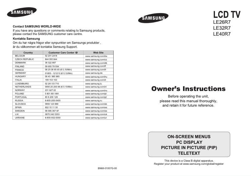 Page 1 of the manual User Manual Samsung LE40R77BD