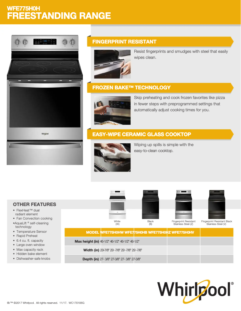 Page 1 of the manual Technical Sheet Whirlpool WFE775H0HZ