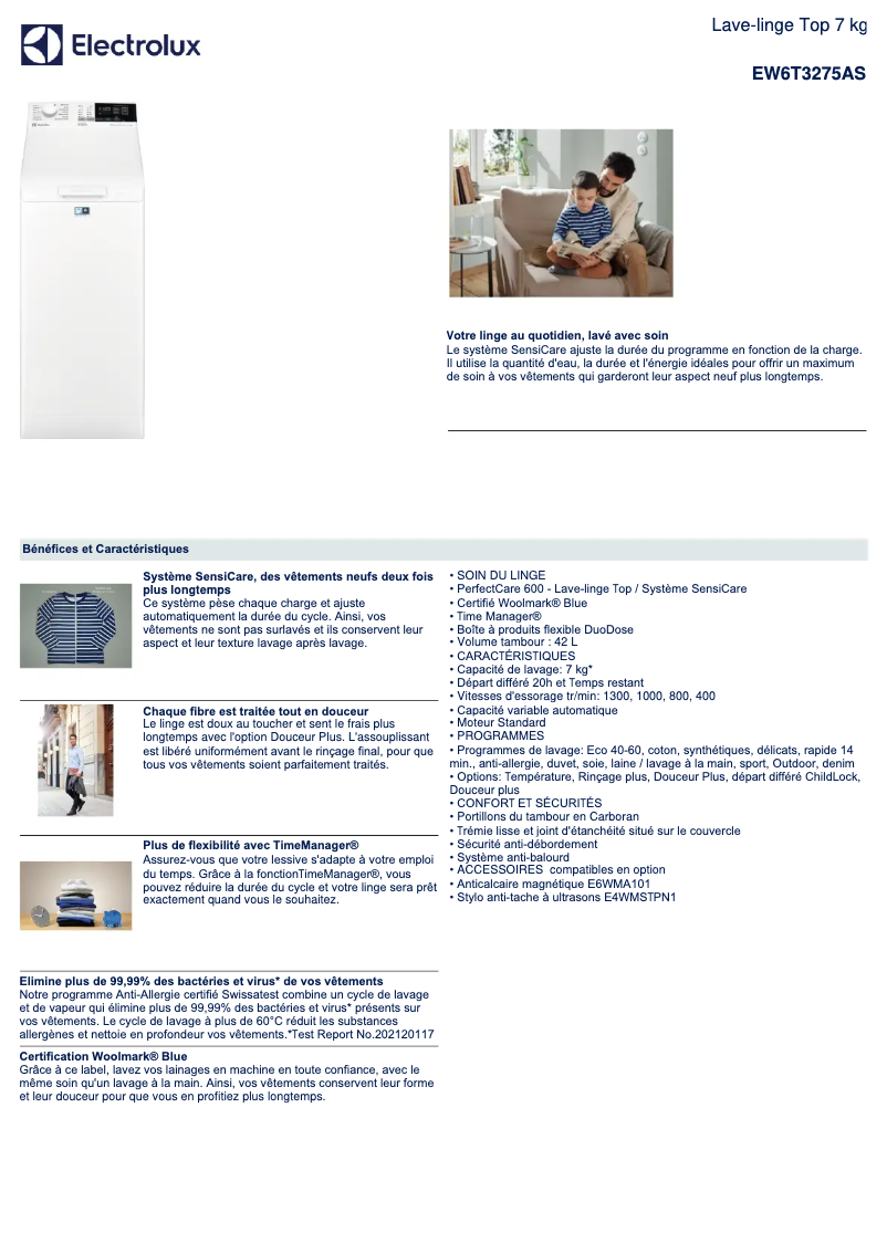Page 1 of the manual Technical Sheet Electrolux EW6T3275AS