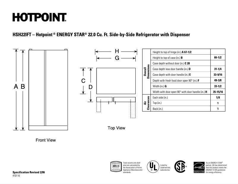 Page 1 of the manual Technical Sheet Hotpoint HSH22IFTWW