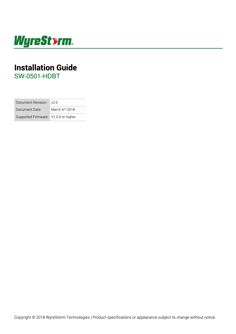 Page 1 of the manual User Manual WyreStorm SW-0501-HDBT