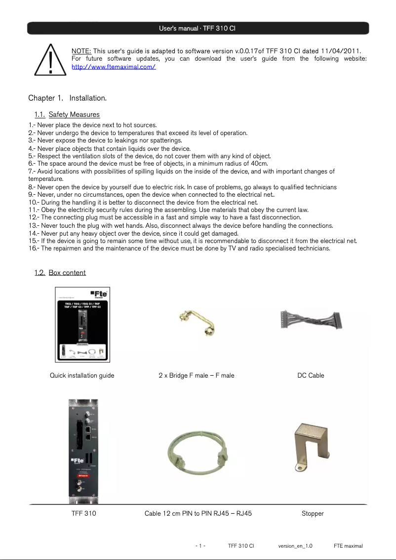 Page 1 of the manual User Manual Fte maximal TFF 310 CI