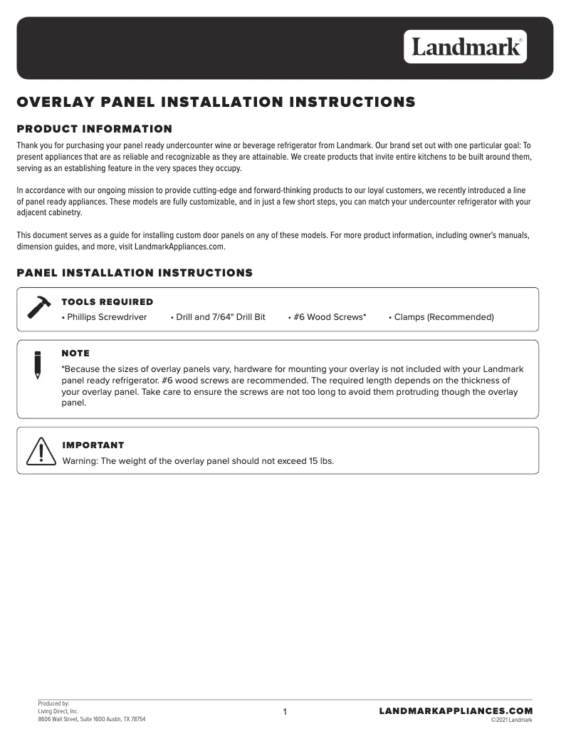 Page 1 of the manual Installation Guide Landmark L3015UI1BPR-RH