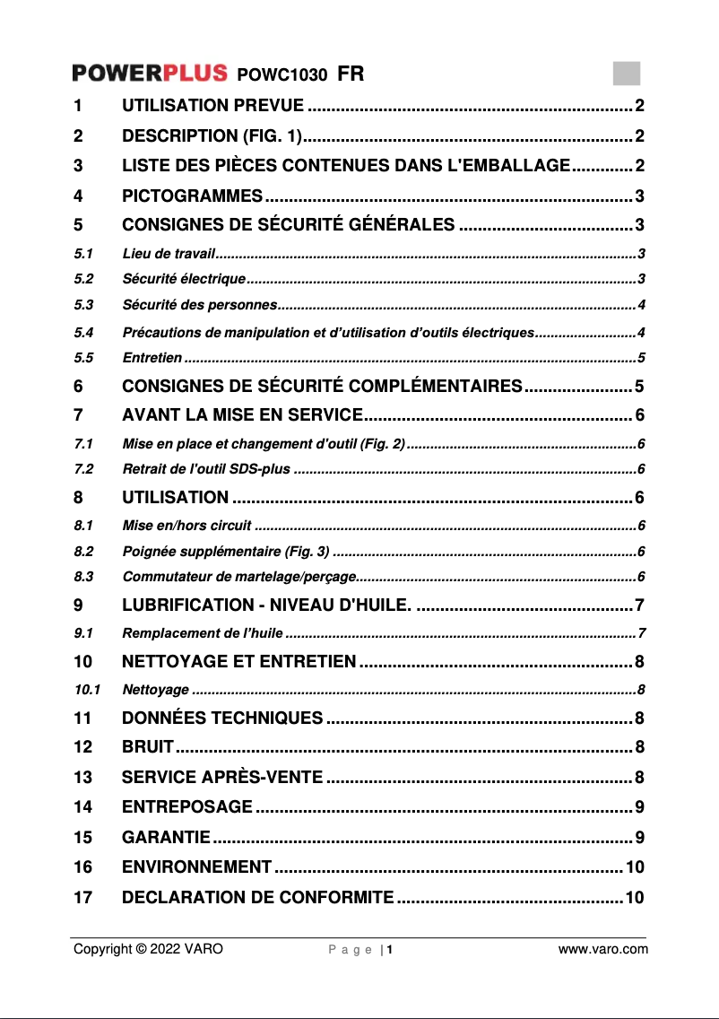 First page image of the manual for POWC1030