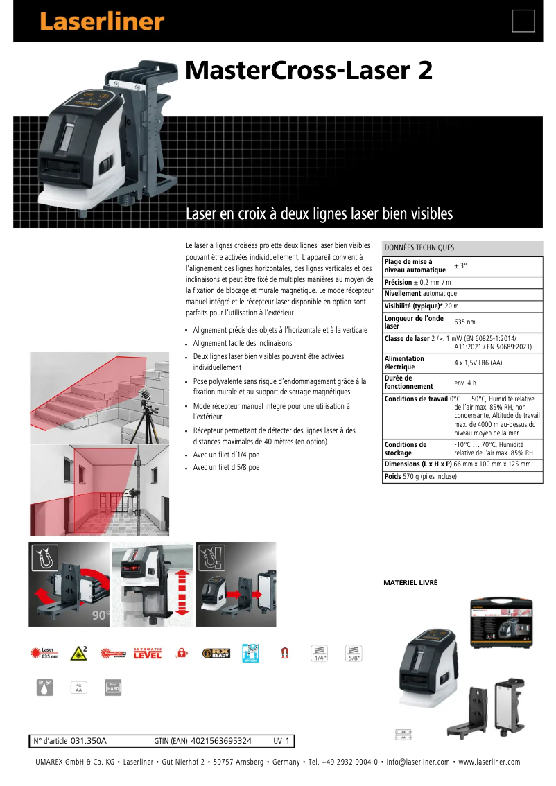 Page 1 of the manual Technical Sheet Laserliner MasterCross-Laser 2