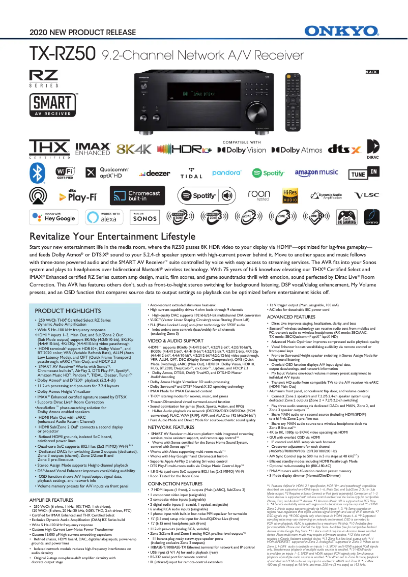 Page 1 of the manual Technical Sheet Klipsch TX-RZ50