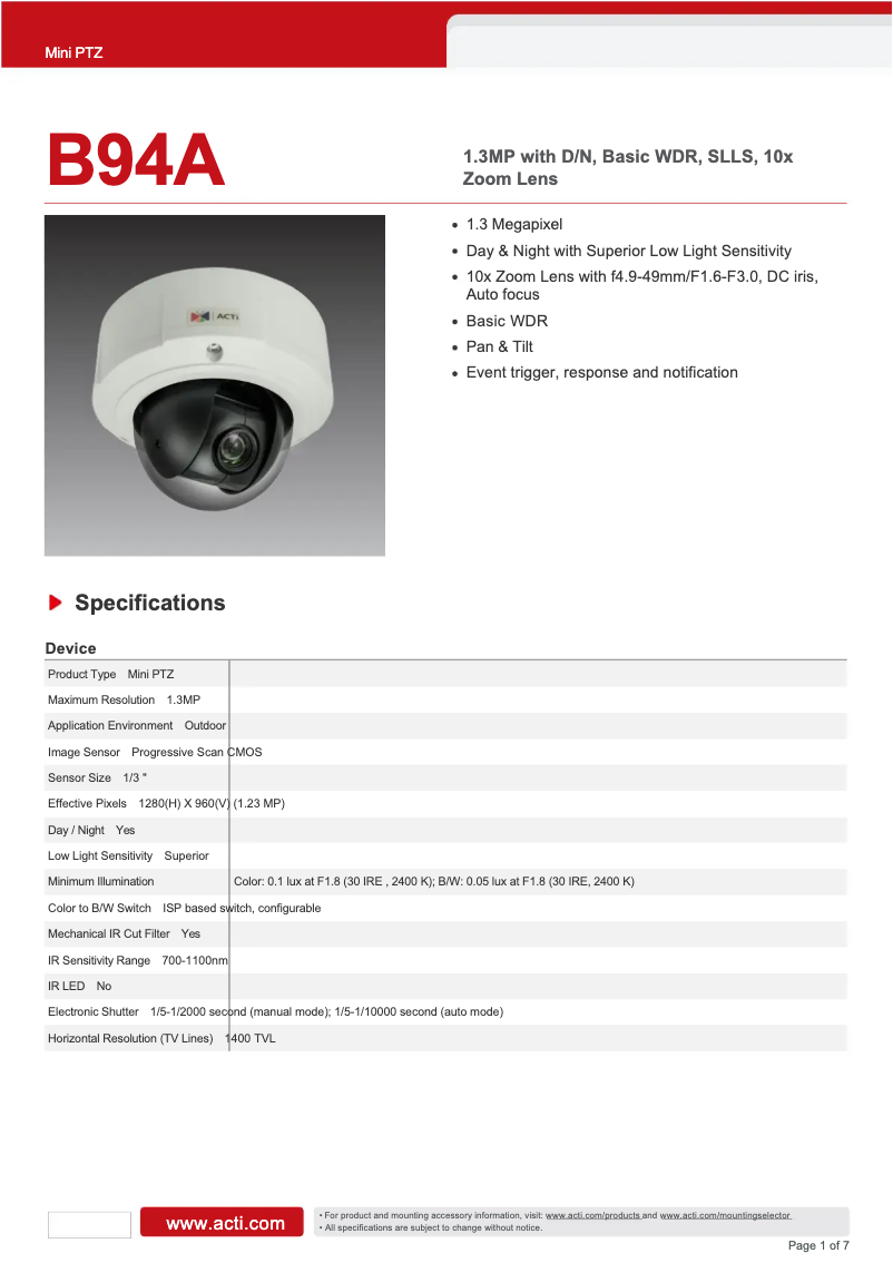 Page 1 of the manual Technical Sheet ACTi B94A