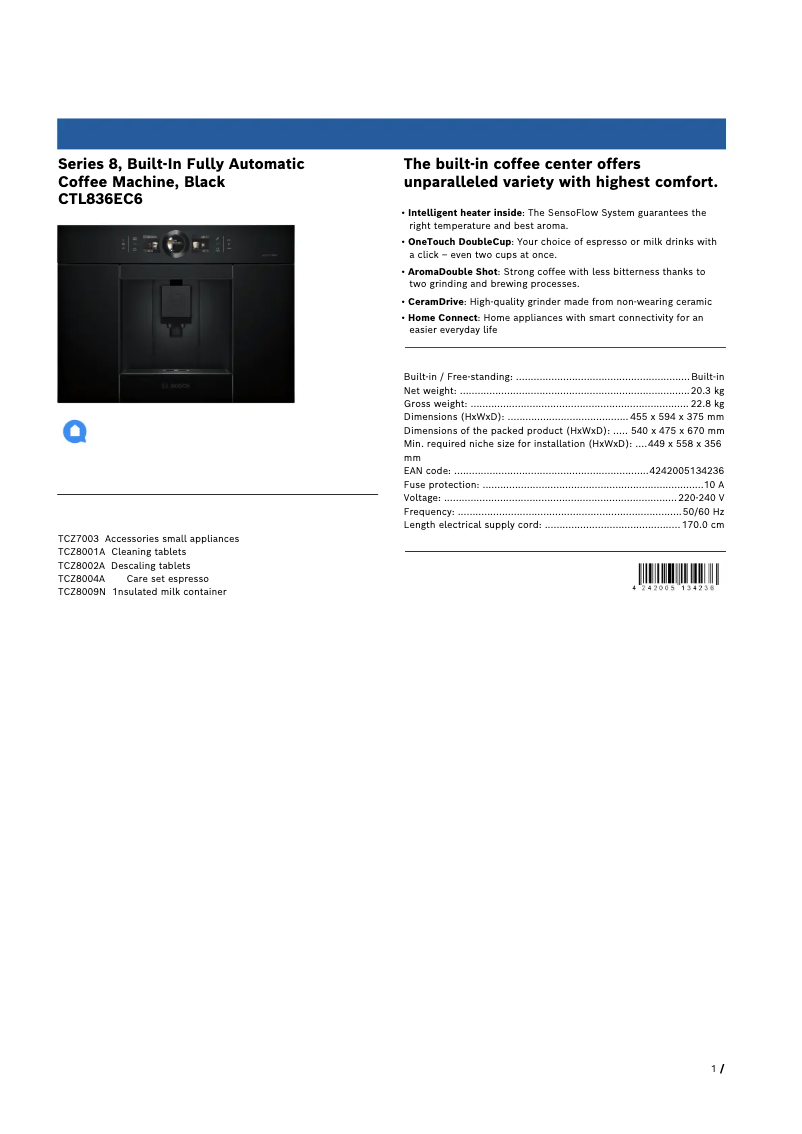 Page 1 of the manual Technical Sheet Bosch AccentLine CTL836EC6