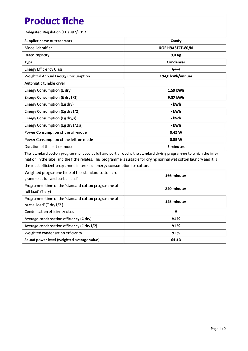 First page image of the manual for ROE H9A3TCE-80/N