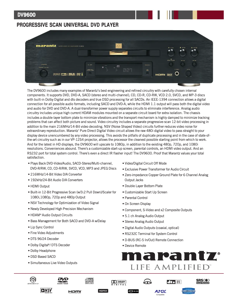 Page 1 of the manual Technical Sheet Marantz DV9600
