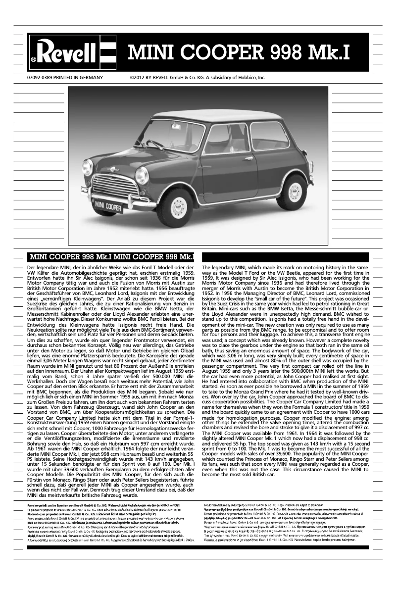 First page image of the manual for MINI COOPER 998 Mk.I