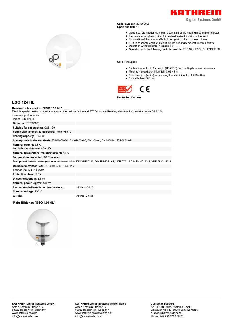 Page 1 of the manual Technical Sheet Kathrein ESO 124 HL