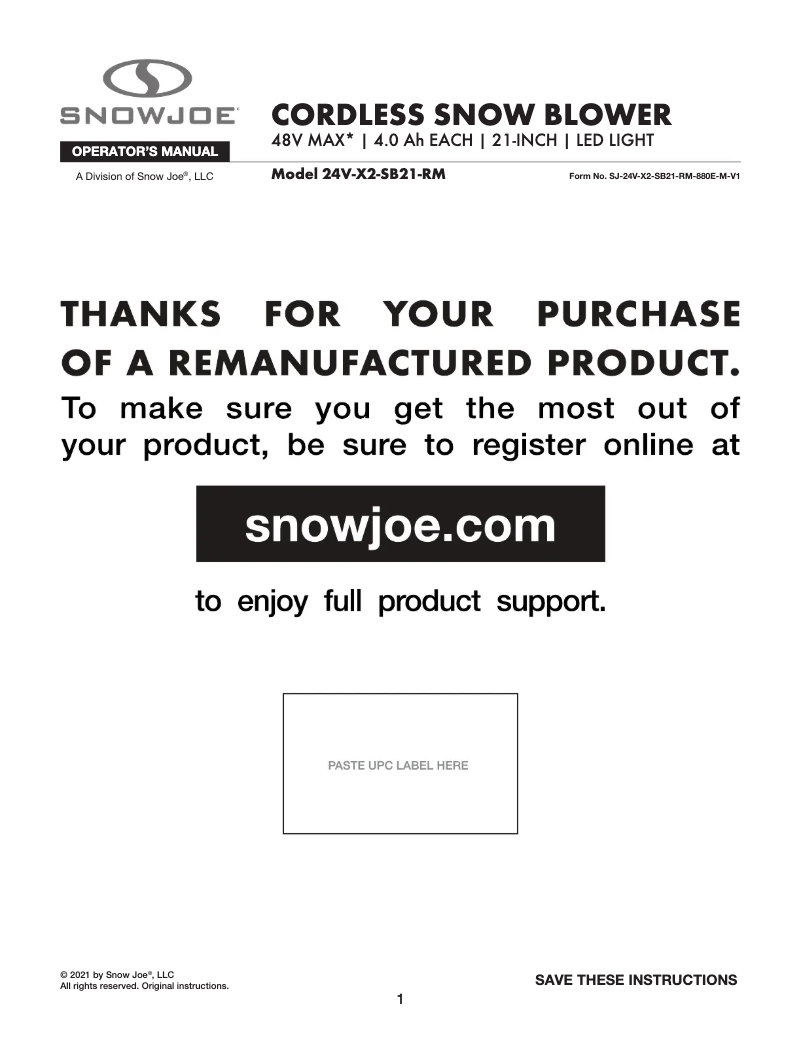 Page 1 of the manual User Manual Snow Joe 24V-X2-SB21-RM