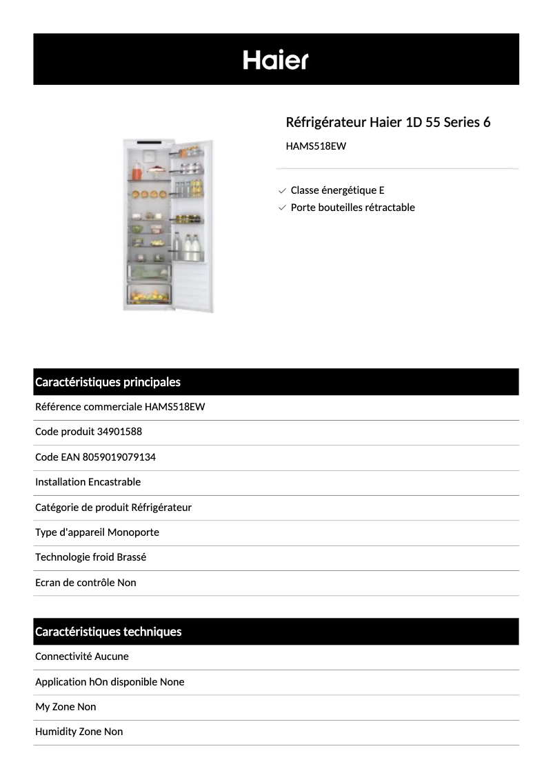 Page 1 of the manual Technical Sheet Haier HATL 174 DE