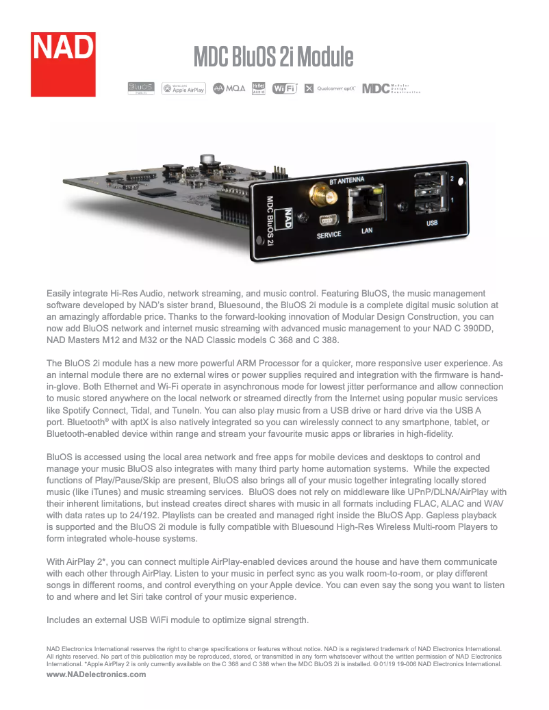 First page image of the manual for MDC BluOS 2i