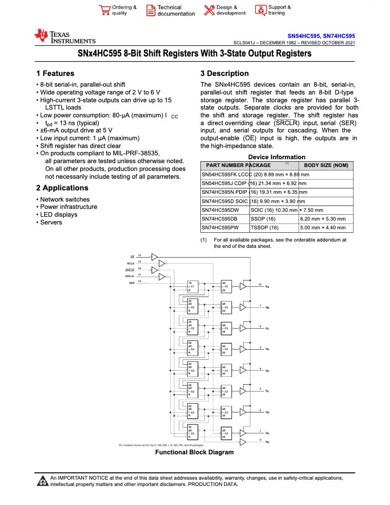 First page image of the manual for SN74HC595N