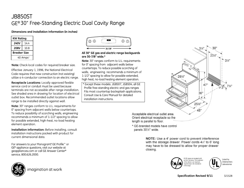 Page 1 of the manual Technical Sheet GE JB850STSS