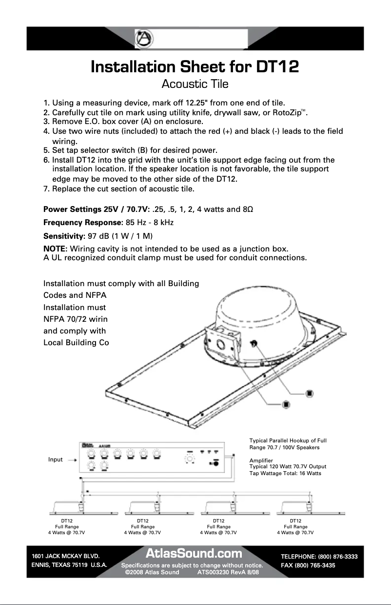 Page 1 of the manual Installation Guide Atlas Sound DT12