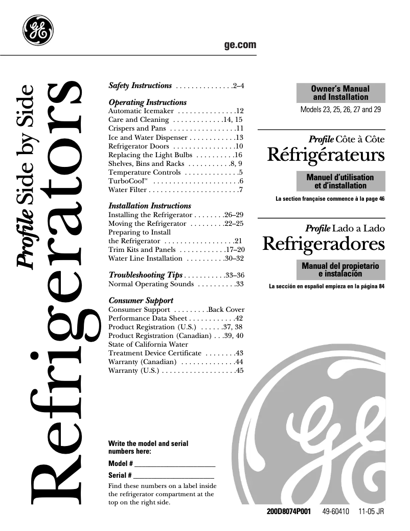 Page 1 of the manual Use and Maintenance Manual GE Profile PSS23LGSWW