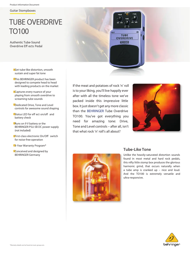 Page 1 of the manual Technical Sheet Behringer TO100