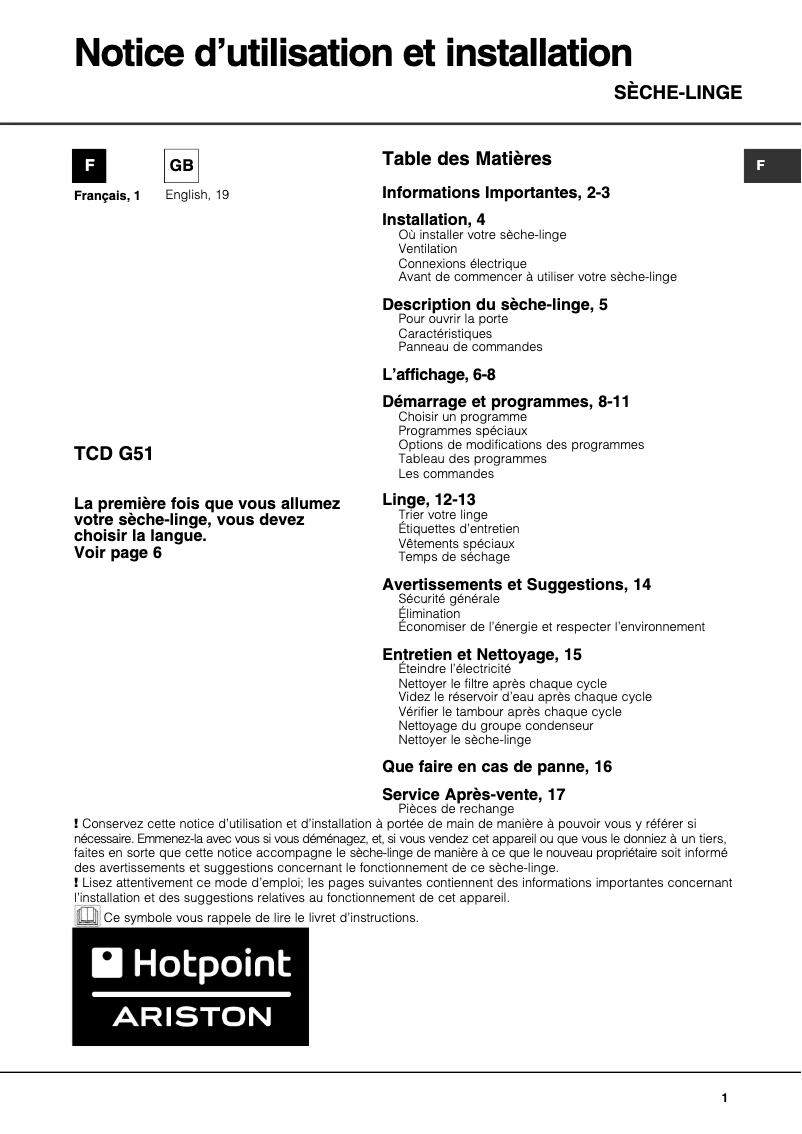 Page 1 of the manual User Manual Hotpoint TCD G51 XB