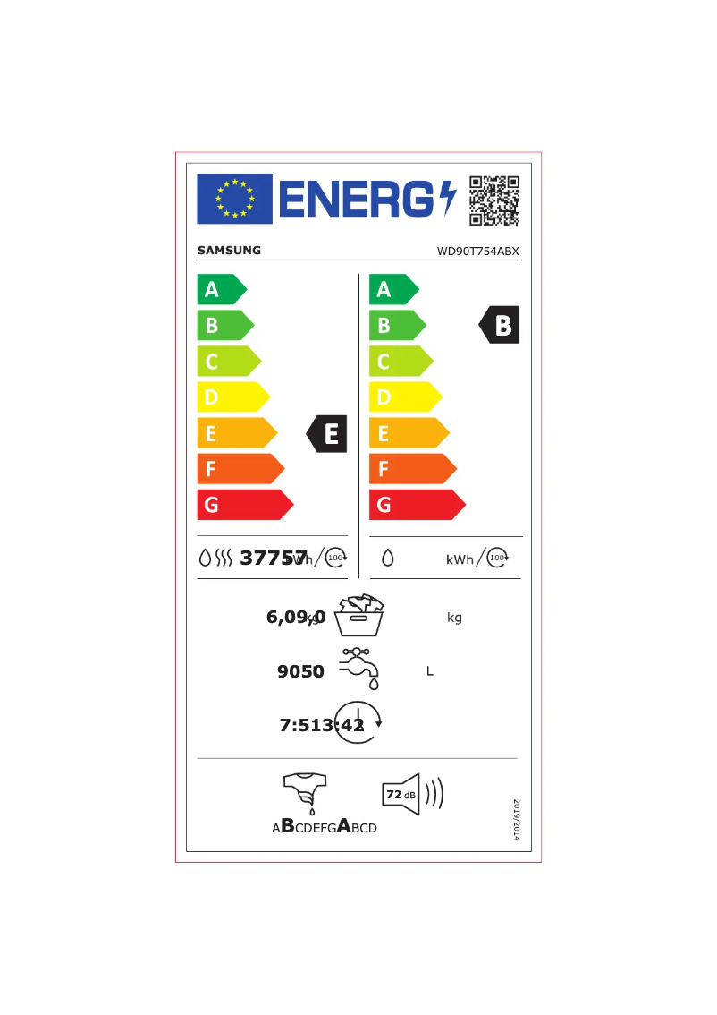 Page 1 of the manual Energy Label Samsung WD90T754ABX
