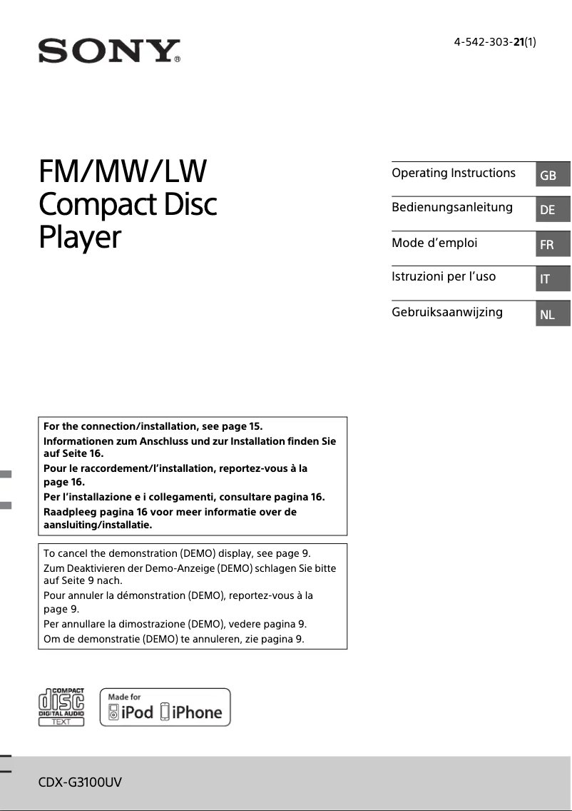 First page image of the manual for CDX-G3100UV