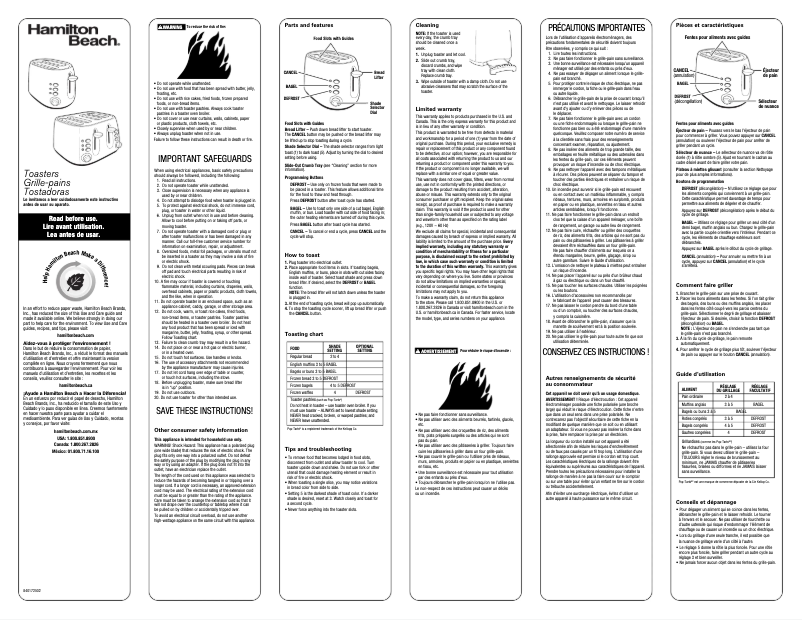 Page 1 de la notice Manuel utilisateur Hamilton Beach 24504