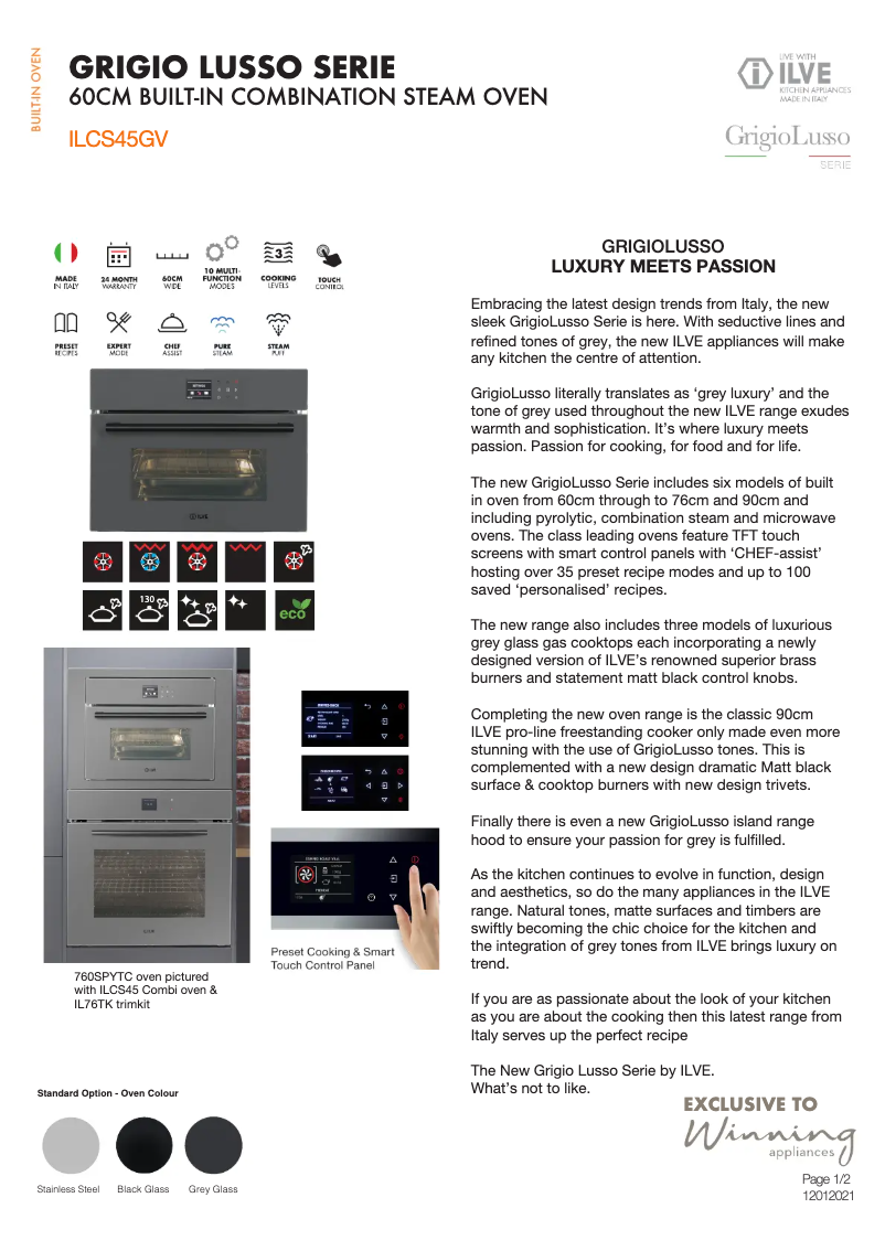 Page 1 of the manual Technical Sheet Ilve ILCS45GV