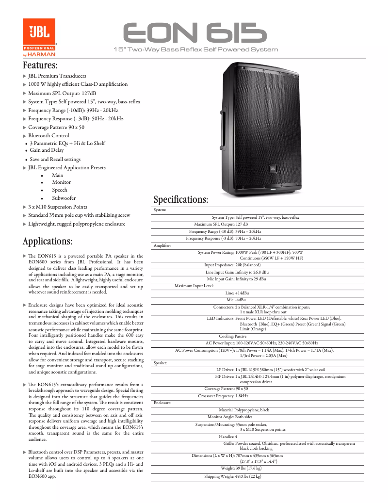 Page 1 of the manual Technical Sheet JBL EON615