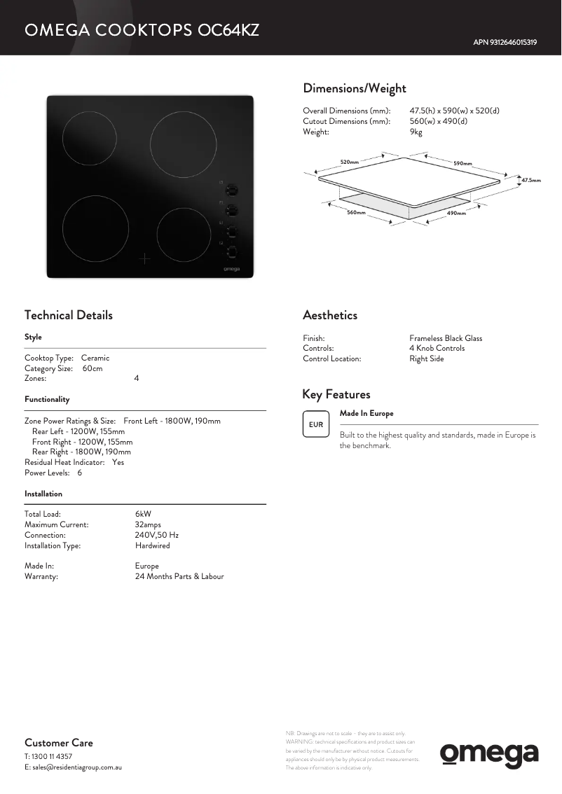 Page 1 of the manual Technical Sheet Omega OC64TZ