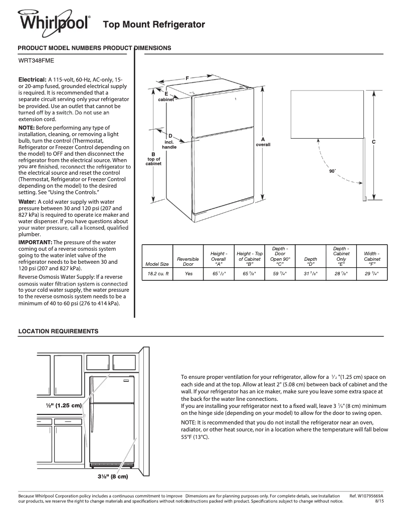 Page 1 of the manual Technical Sheet Whirlpool WRT348FME