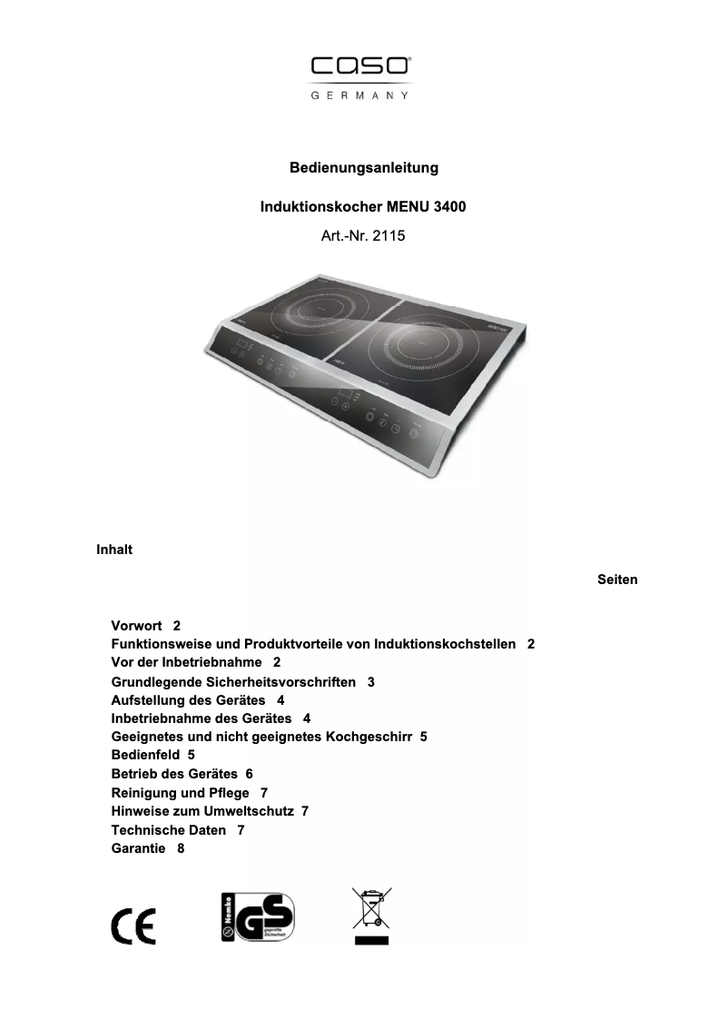 First page image of the manual for Menu 3400