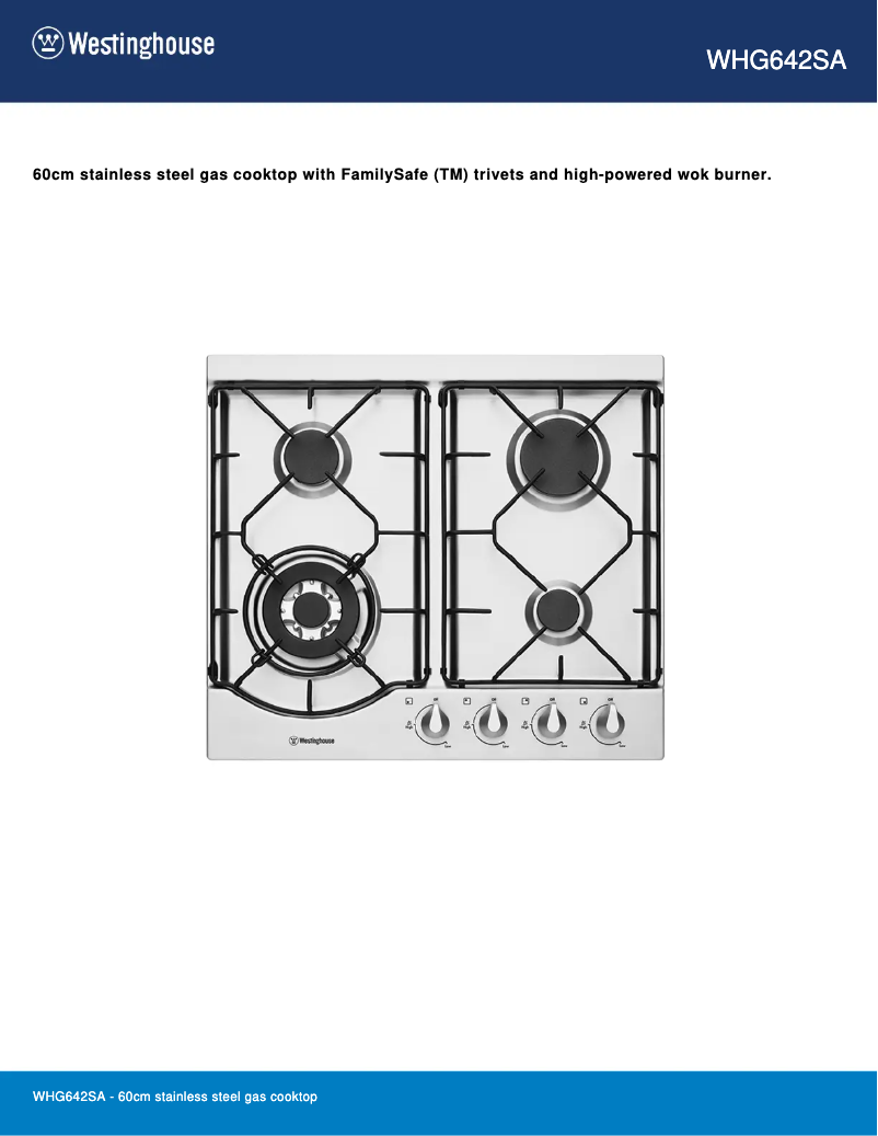 Page 1 of the manual Technical Sheet Westinghouse WHG642SA
