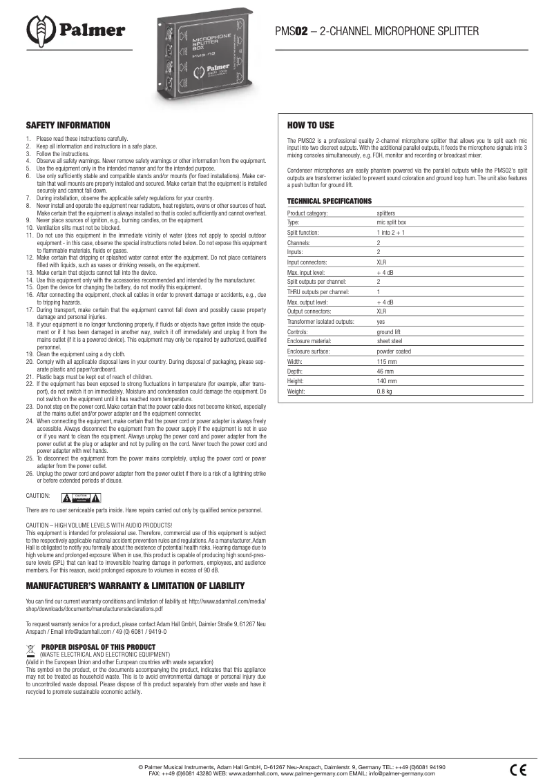 Page 1 of the manual User Manual Palmer MS 02