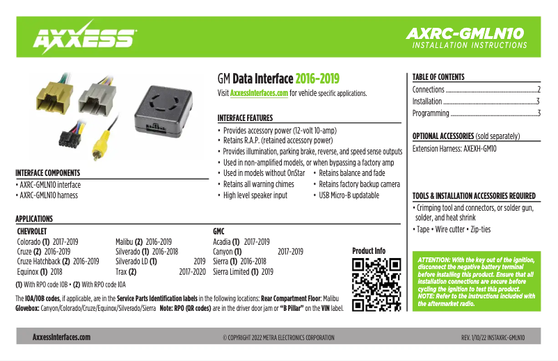 First page image of the manual for AXRC-GMLN10