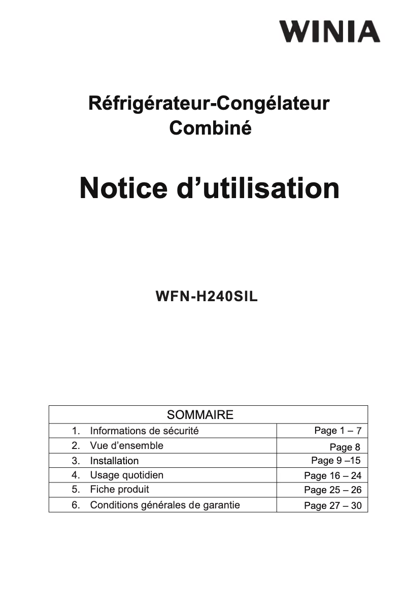 Page 1 of the manual User Manual Winia WFN-H240SIL