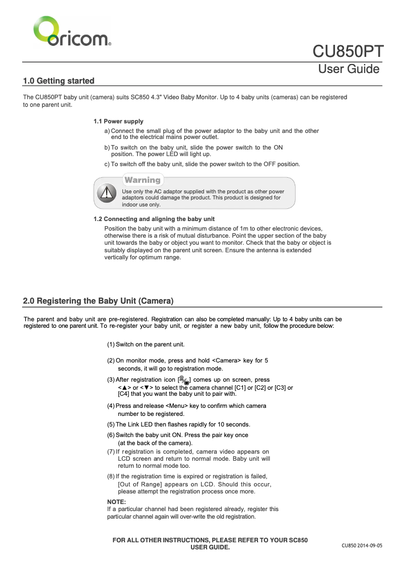 Page 1 de la notice Manuel utilisateur Oricom CU850
