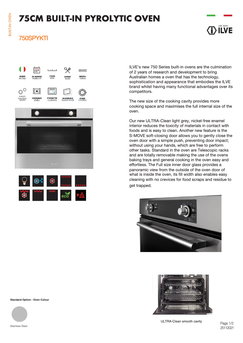 Page 1 of the manual Technical Sheet Ilve 750SPYKTI